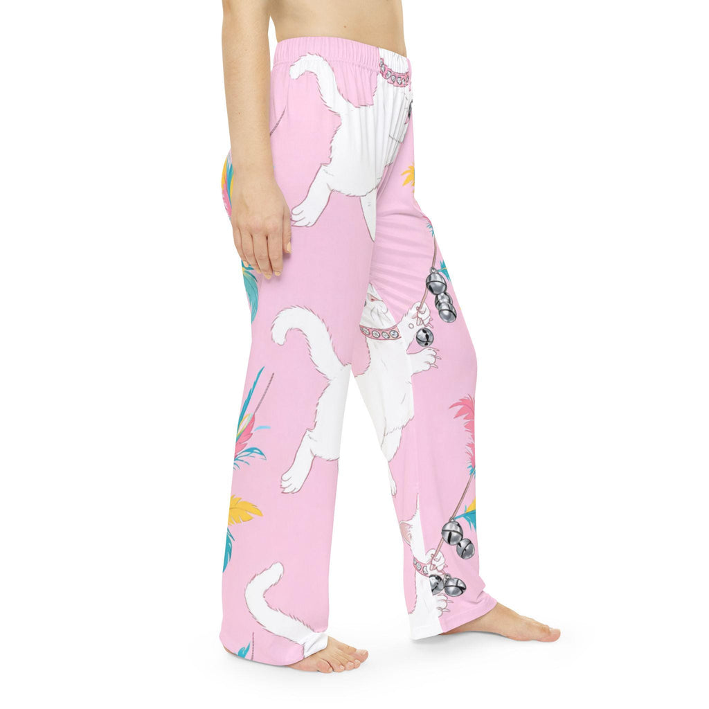 White Cat & Feathers Pajama Pants | Pink Allover Print