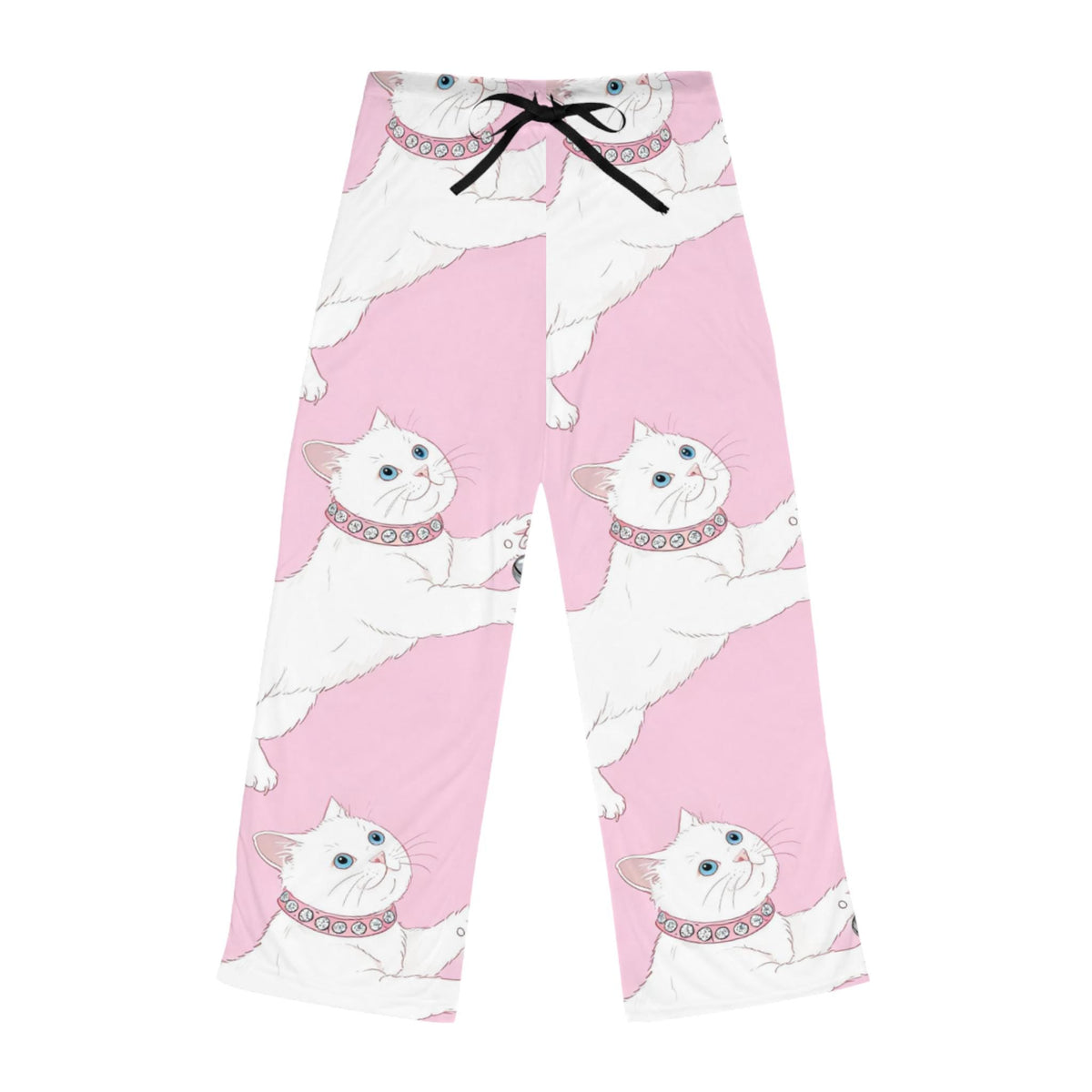 White Cat Pattern pajama pants | pink all-over print, playful feline design