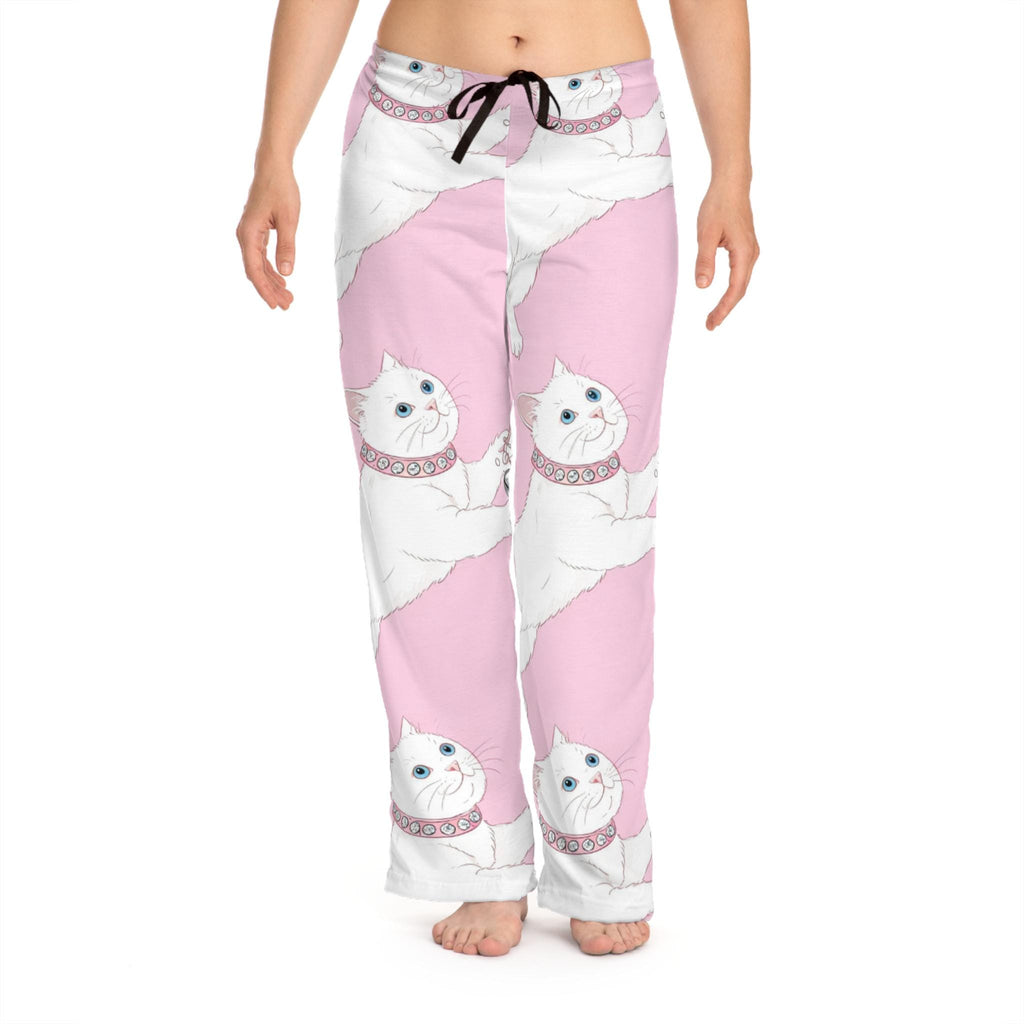 White Cat Pattern pajama pants | pink all-over print, playful feline design
