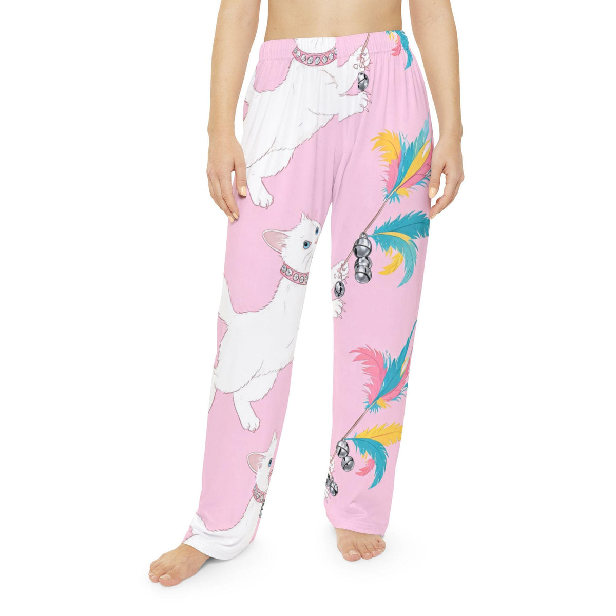 White Cat & Feathers Pajama Pants | Pink Allover Print