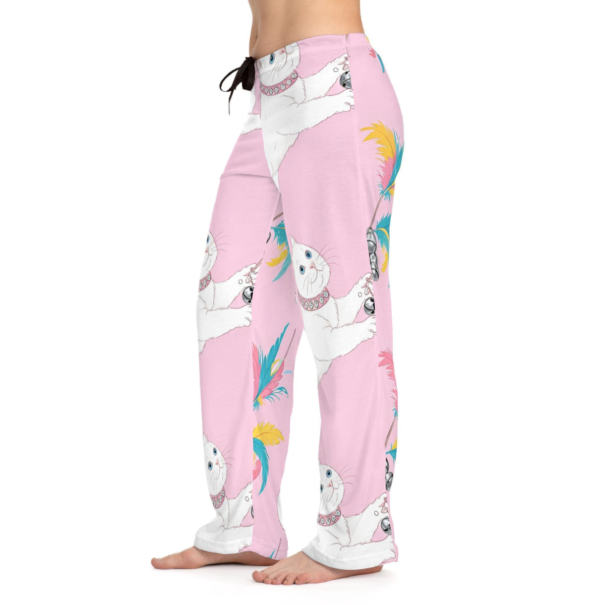 White Cat Pattern pajama pants | pink all-over print, playful feline design
