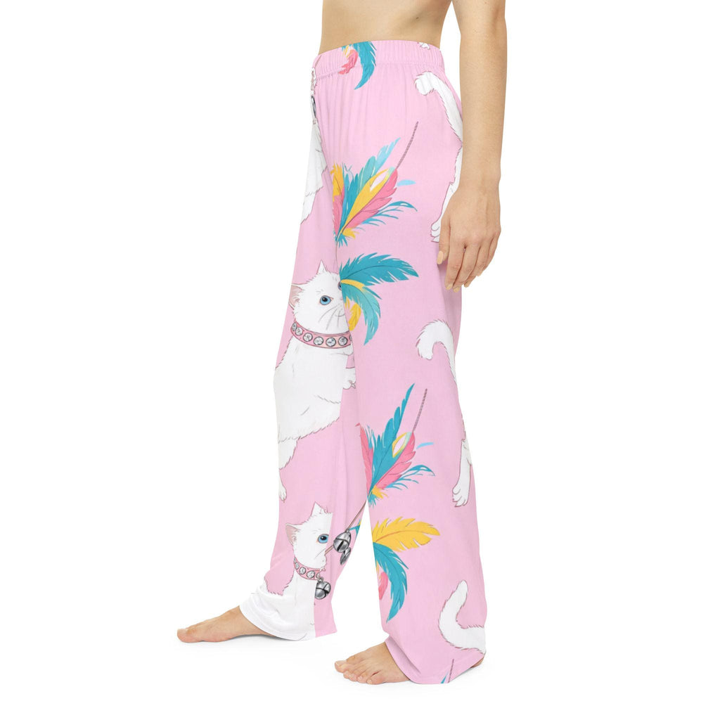 White Cat & Feathers Pajama Pants | Pink Allover Print