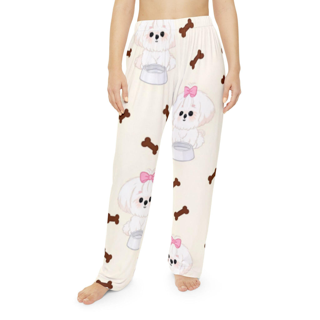 Cute White Puppy Pattern Pajama Pants | Dog Bones Lounge Bottoms