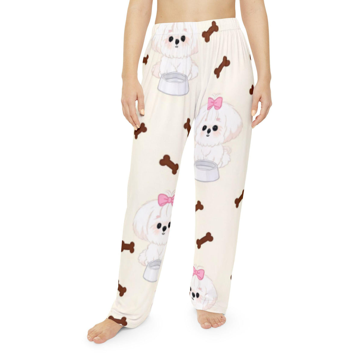 Cute White Puppy Pattern Pajama Pants | Dog Bones Lounge Bottoms