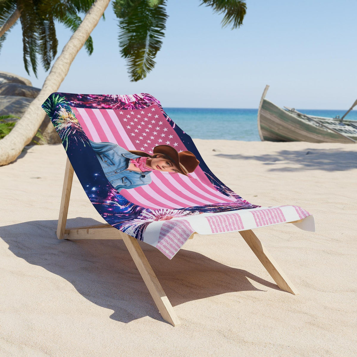 Cowgirl Portrait Beach Towel | Pink American Flag, Fireworks