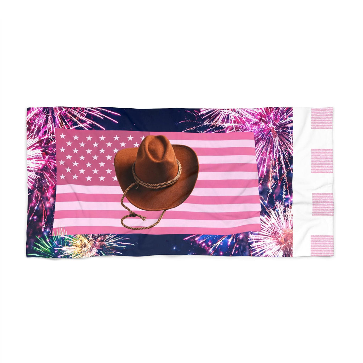 Cowboy Hat on Pink American Flag Beach Towel | Fireworks