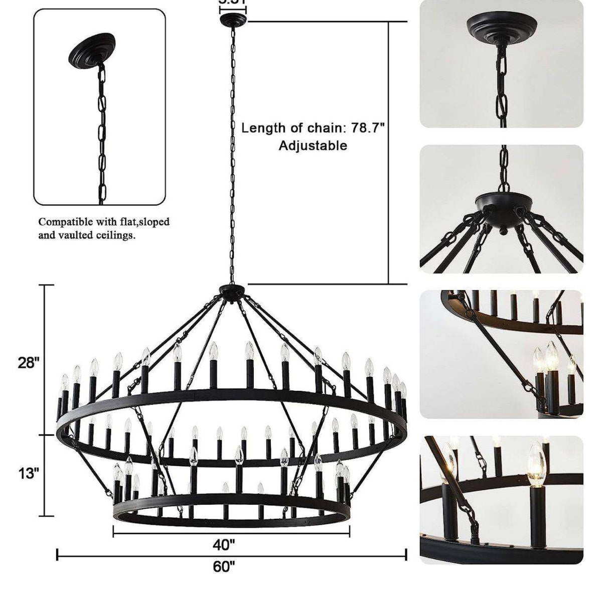 Yikrfiae Black Wagon Wheel Chandelier 2 Tier 54-Lights 60 Inch Extra Large Farmhouse Pendant Light Fixture, Round Rustic Hanging Lighting for Dining Room Kitchen Island Foyer Entryway