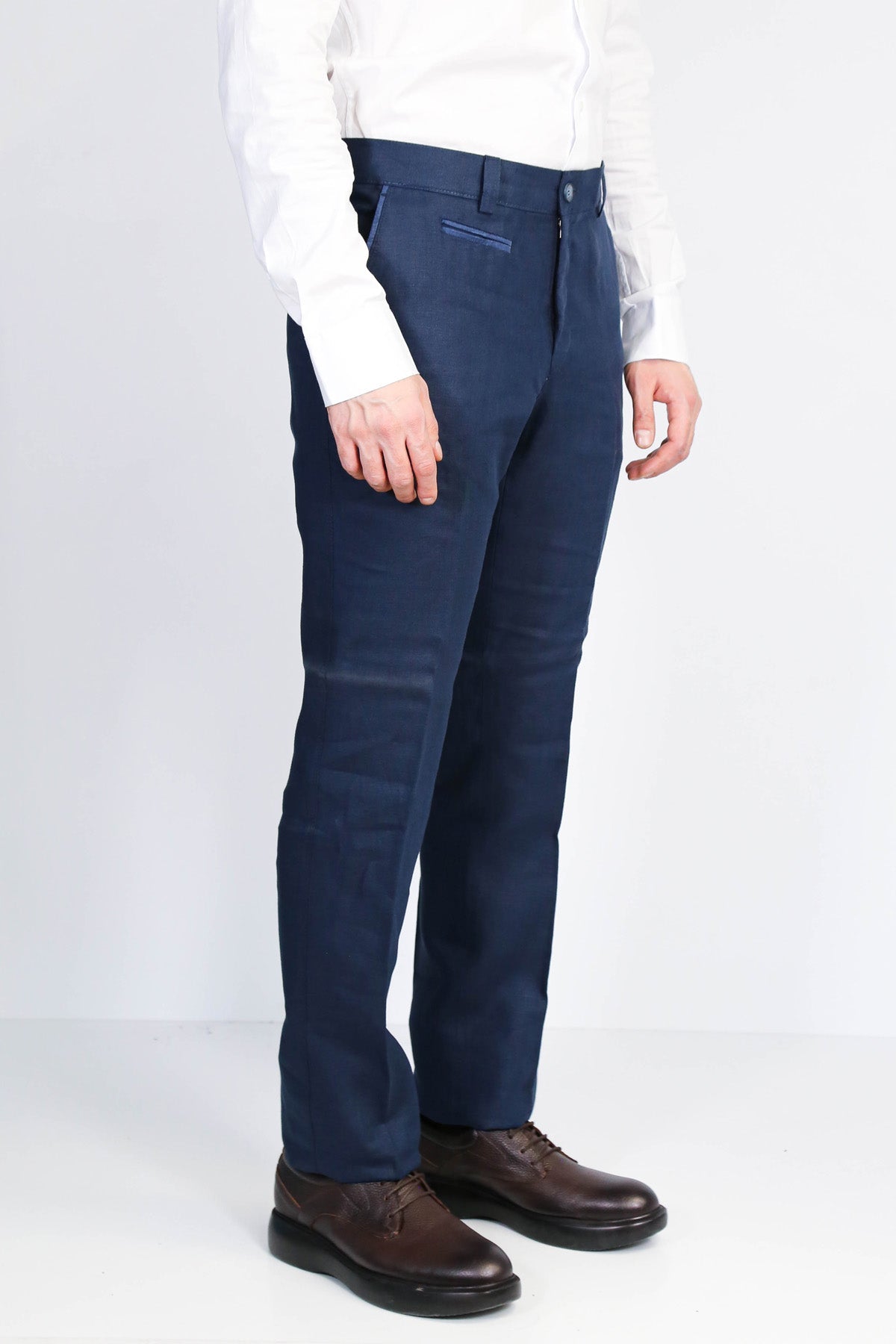 Navy Solid Slim Fit Dress Trousers – Wessi