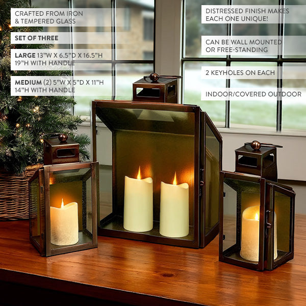 Rustic Bronze Tempered Glass Lanterns, Set of Three