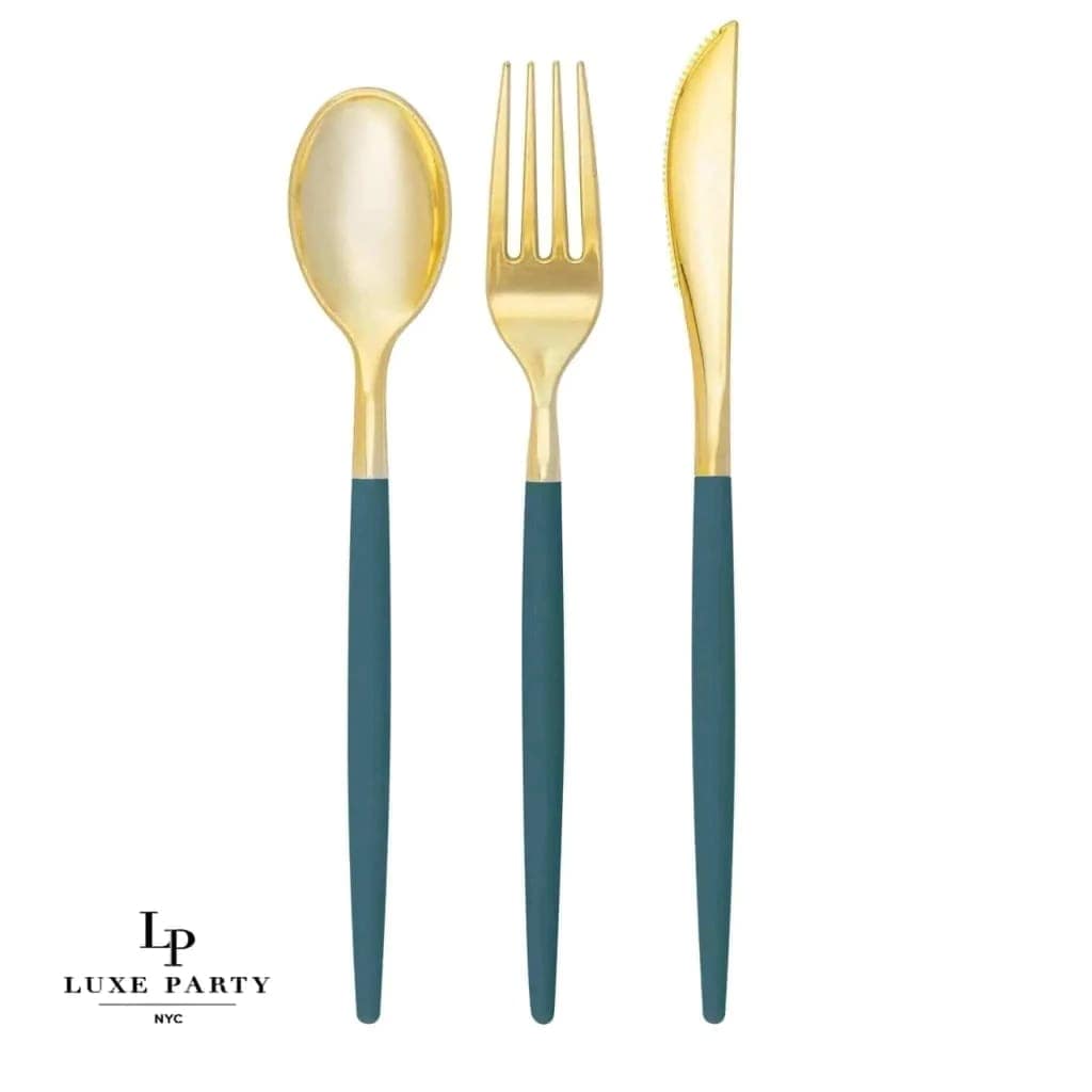 Teal and Gold Plastic Cutlery Set | 32 Pieces