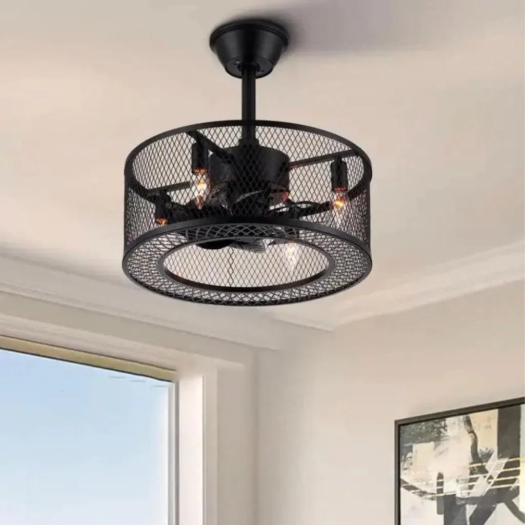 18 in. Indoor Black Industrial Caged Fandelier Ceiling Fan with Timer and Remote