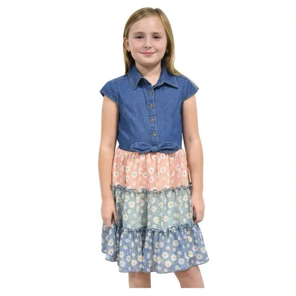 Zunie Denim and Floral Tiered Dress Youth Denim f Size Medium 10/12