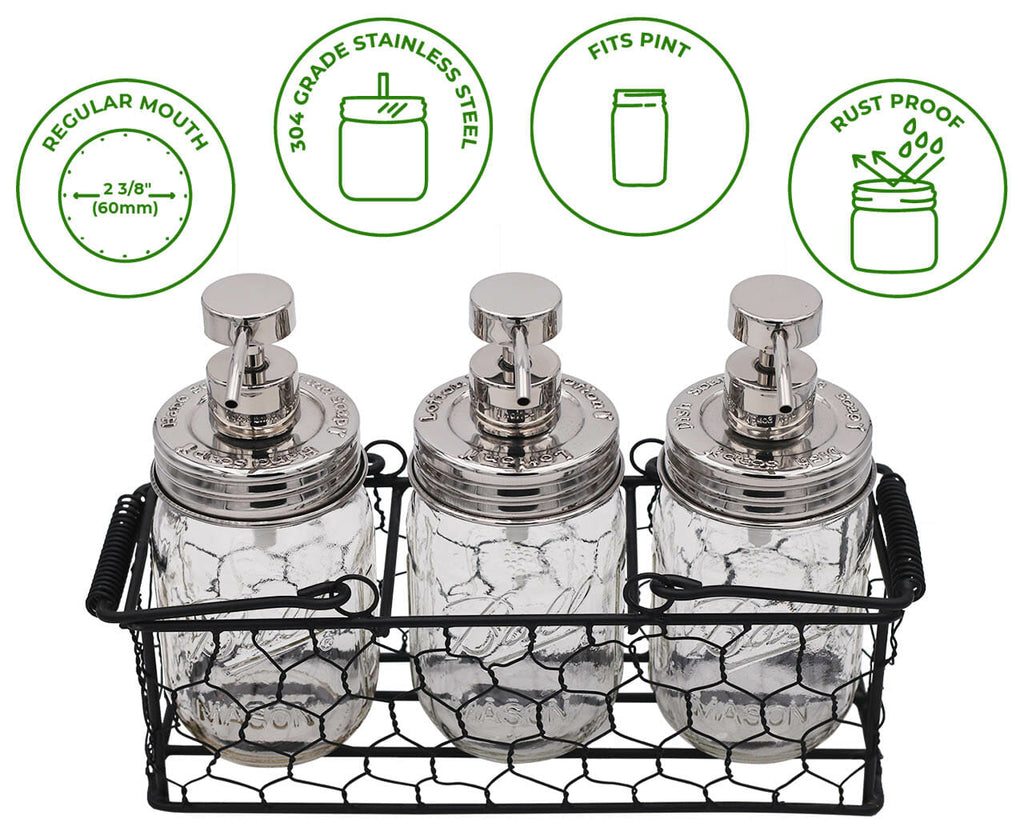 "Hand Soap," "Dish Soap," and "Lotion" Embossed Shiny Dispenser Pumps for Regular Mouth Mason Jars 3 Pack