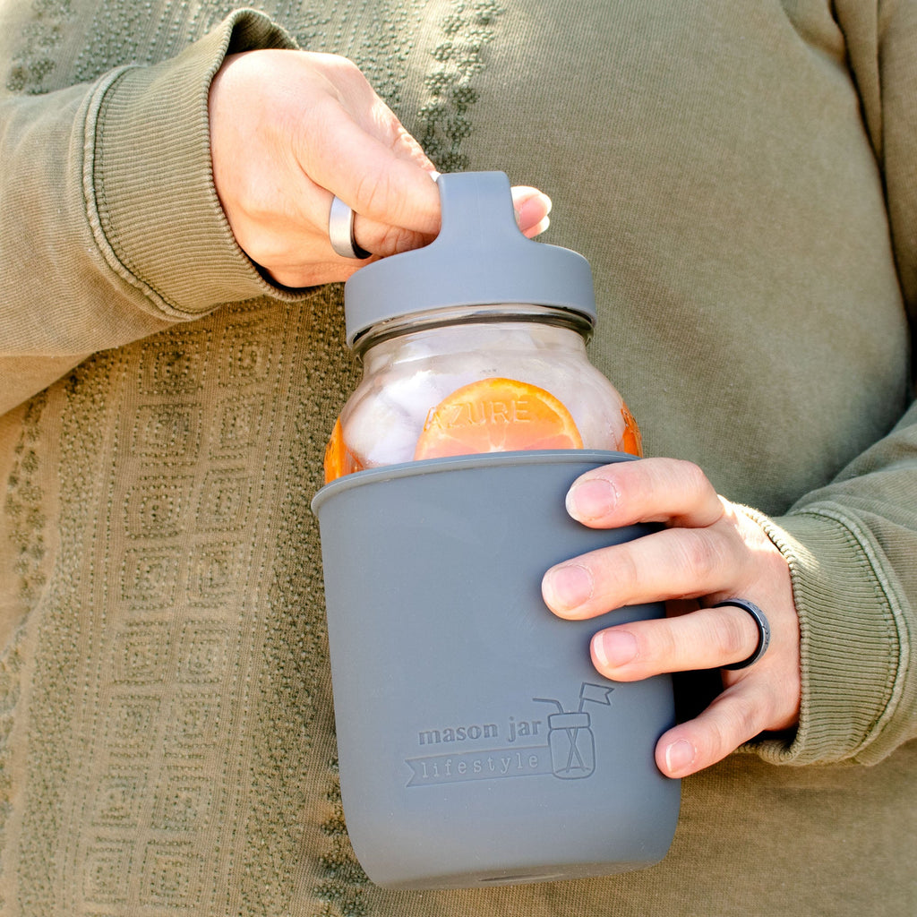 Mason Jar Lifestyle 32oz Quart Glass Water Bottle with Silicone Sleeve & Carry Handle