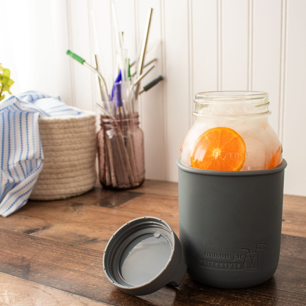 Mason Jar Lifestyle 32oz Quart Glass Water Bottle with Silicone Sleeve & Carry Handle