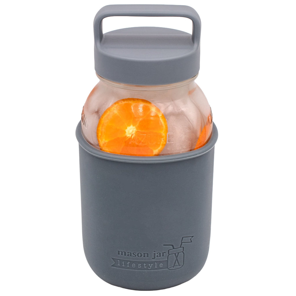 Mason Jar Lifestyle 32oz Quart Glass Water Bottle with Silicone Sleeve & Carry Handle