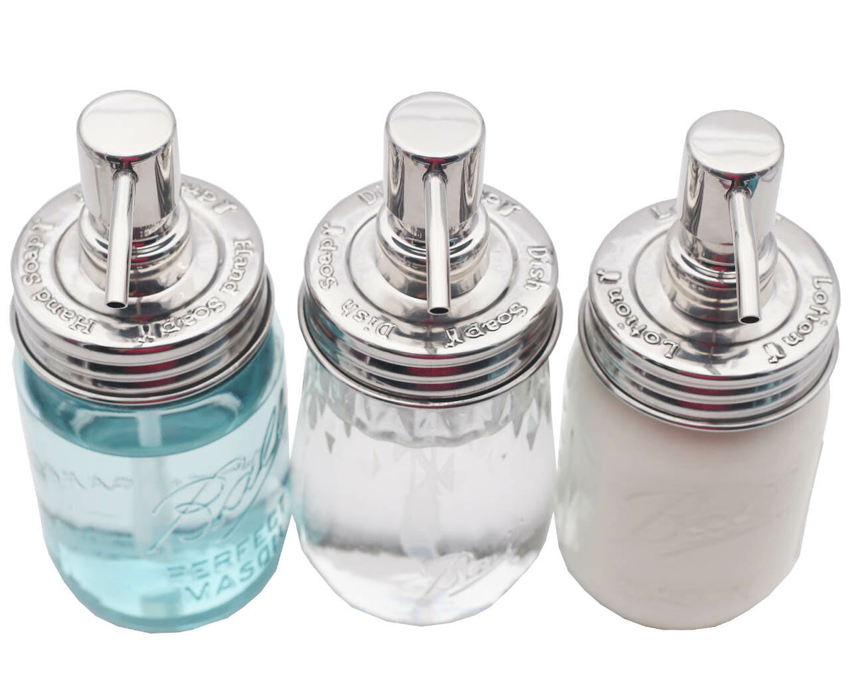 "Hand Soap," "Dish Soap," and "Lotion" Embossed Shiny Dispenser Pumps for Regular Mouth Mason Jars 3 Pack