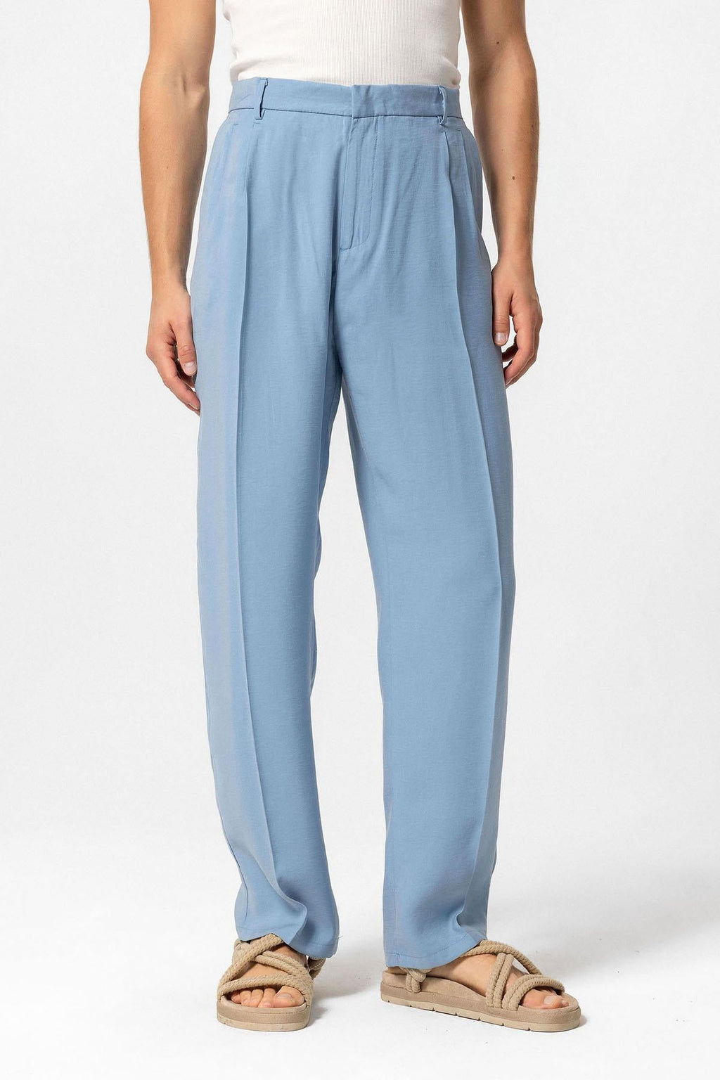 Men's Blue High-Waist Pleated Baggy Pants - Wessi