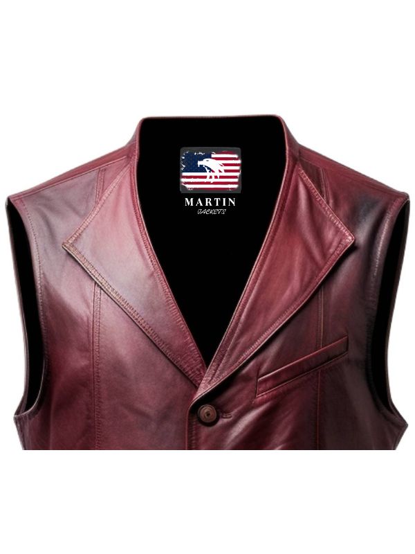 Men Burgundy Distressed Leather Vest