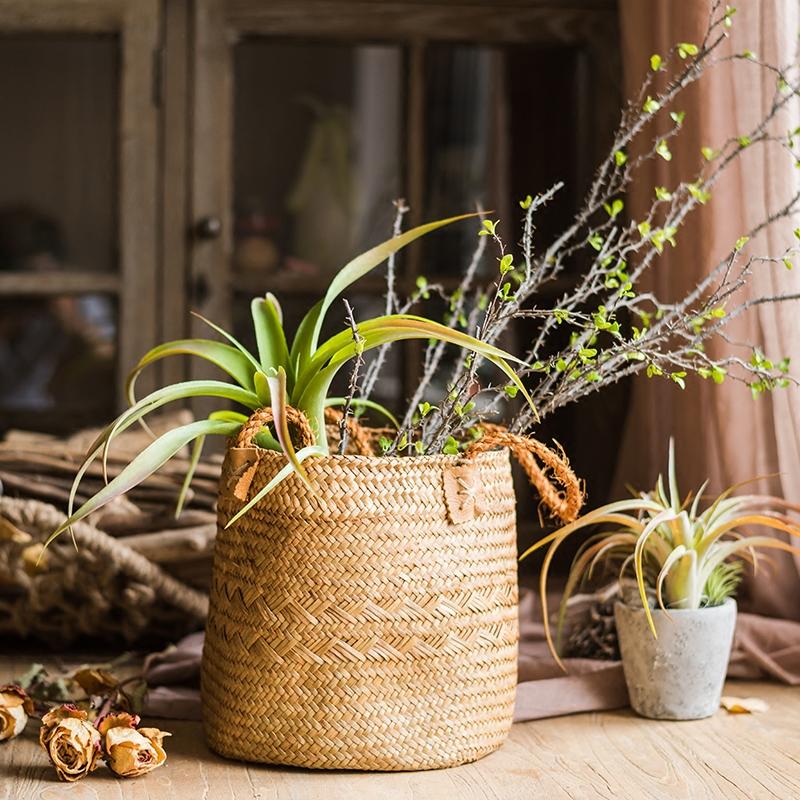 Natural Straw Basket Bag with Rope Handles (Set of 2)