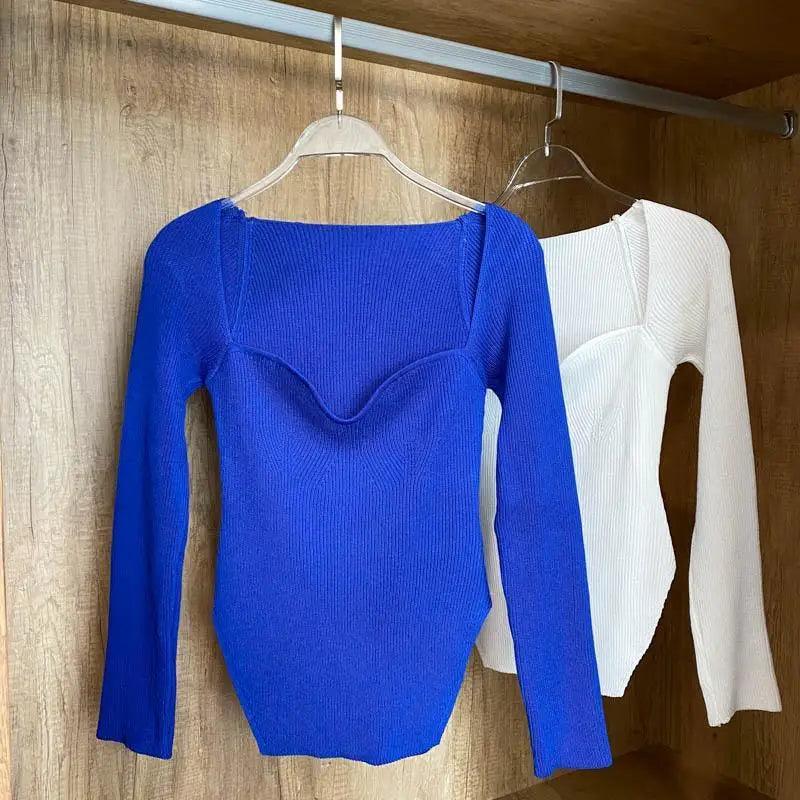 New Casual And Trendy Square Collar Long Sleeve Woman's Sweaters Knitted Pullover Spring Autumn Sweater Winter Tops For Women Black And White Jumper