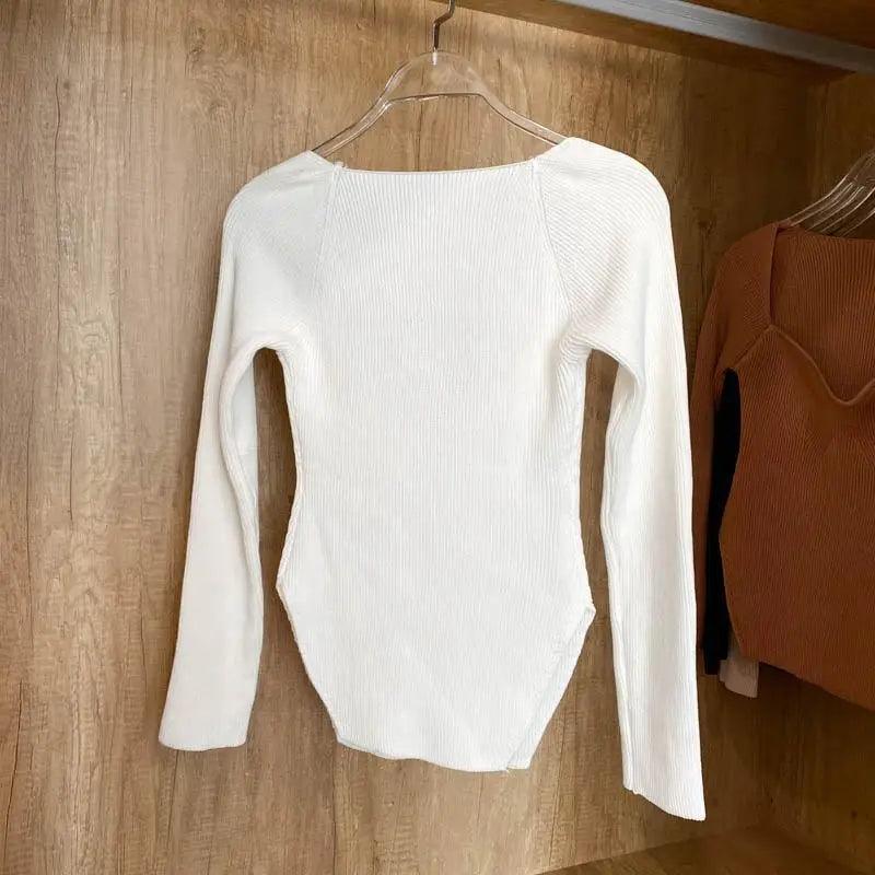 New Casual And Trendy Square Collar Long Sleeve Woman's Sweaters Knitted Pullover Spring Autumn Sweater Winter Tops For Women Black And White Jumper