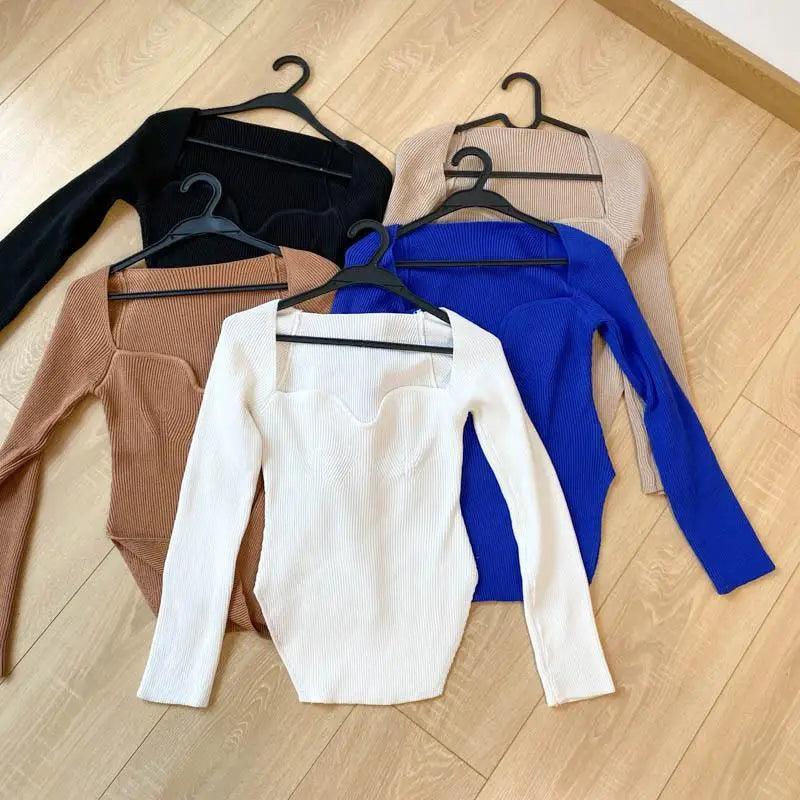New Casual And Trendy Square Collar Long Sleeve Woman's Sweaters Knitted Pullover Spring Autumn Sweater Winter Tops For Women Black And White Jumper