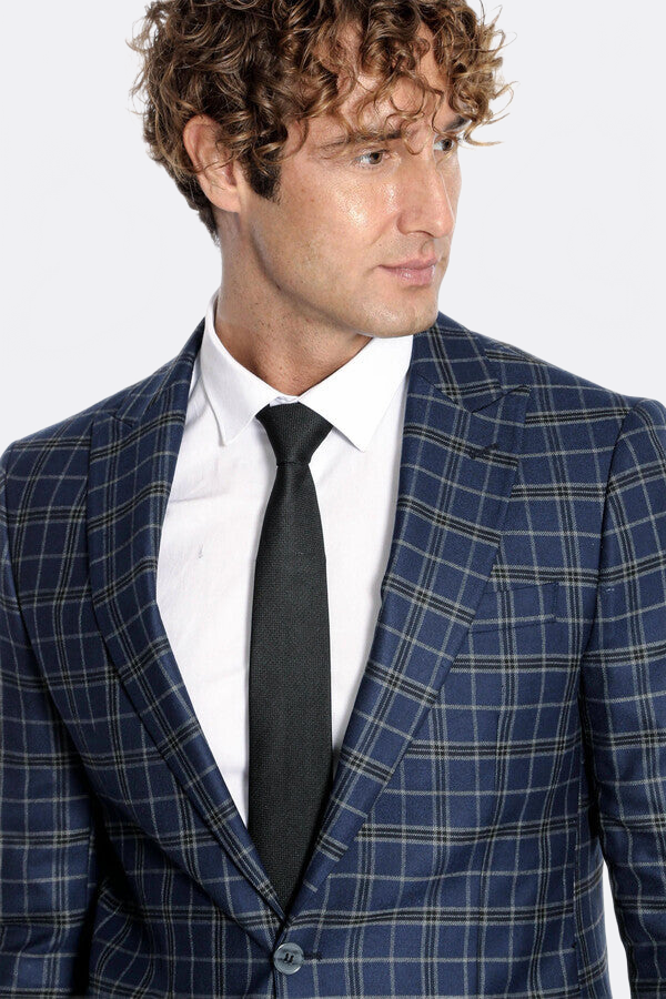 Checked Navy Blue Men Blazer - Wessi