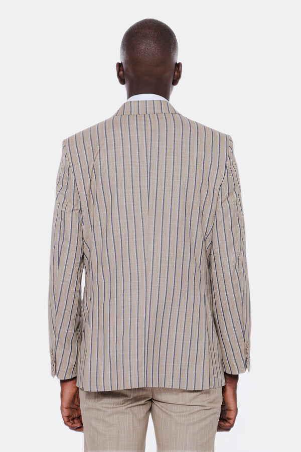Striped Blazer Plain Pants Beige Men Suit - Wessi
