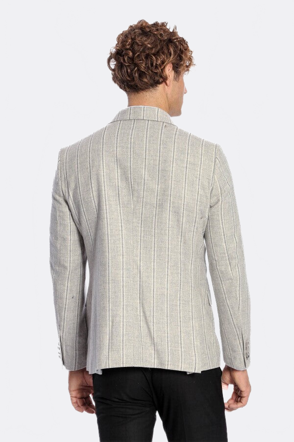 Wide Lapel Striped Double Breasted Grey Men Blazer - Wessi