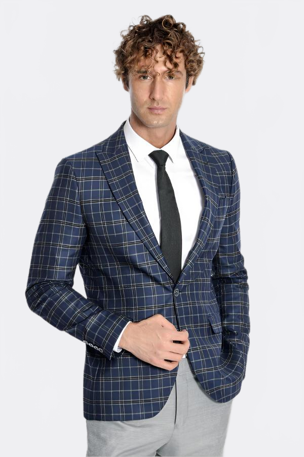 Checked Navy Blue Men Blazer - Wessi