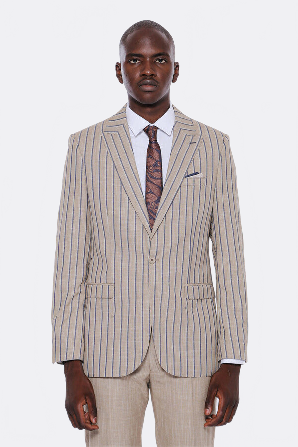 Striped Blazer Plain Pants Beige Men Suit - Wessi