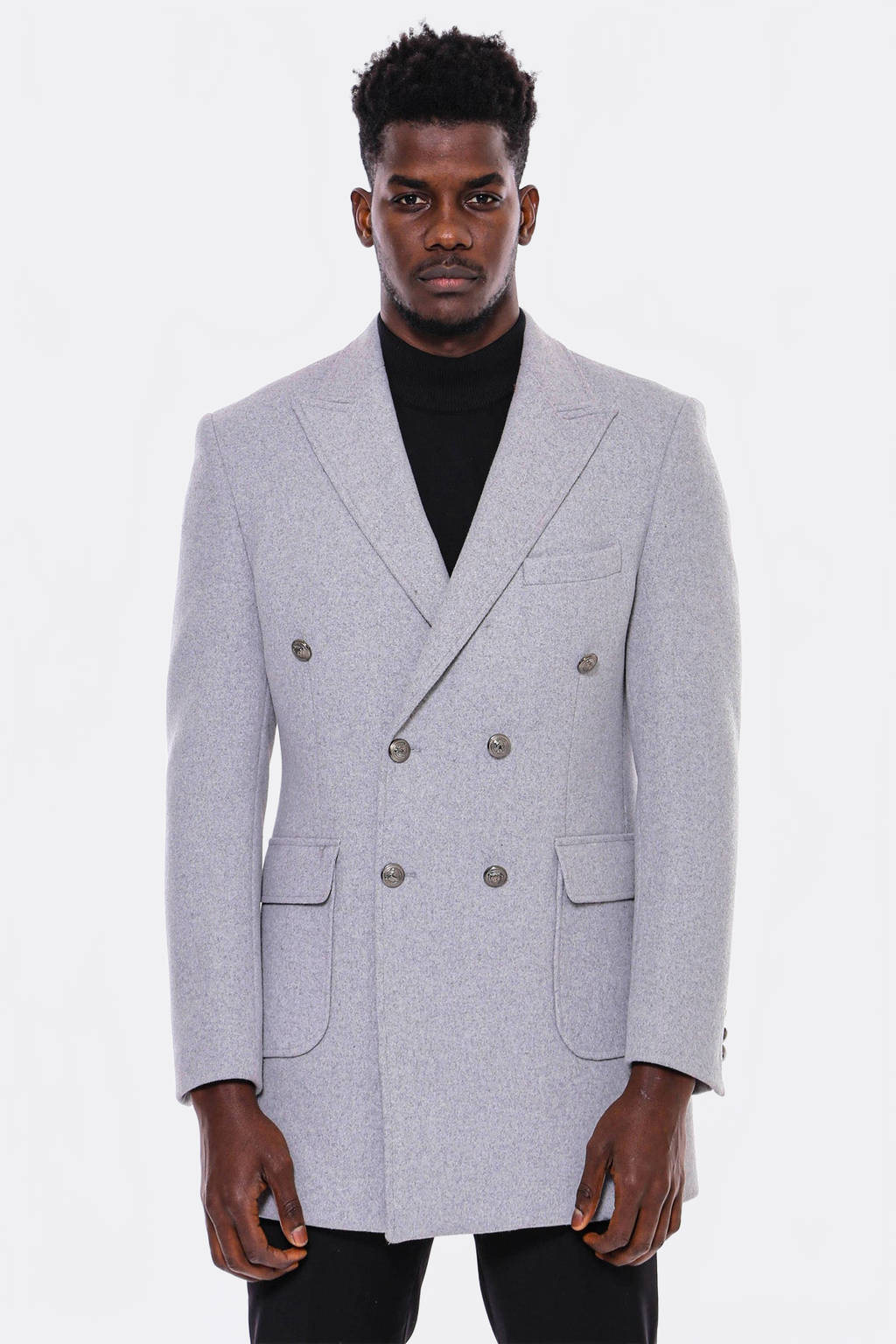 Grey Metal Buttoned Double Breasted Long Coat - Wessi