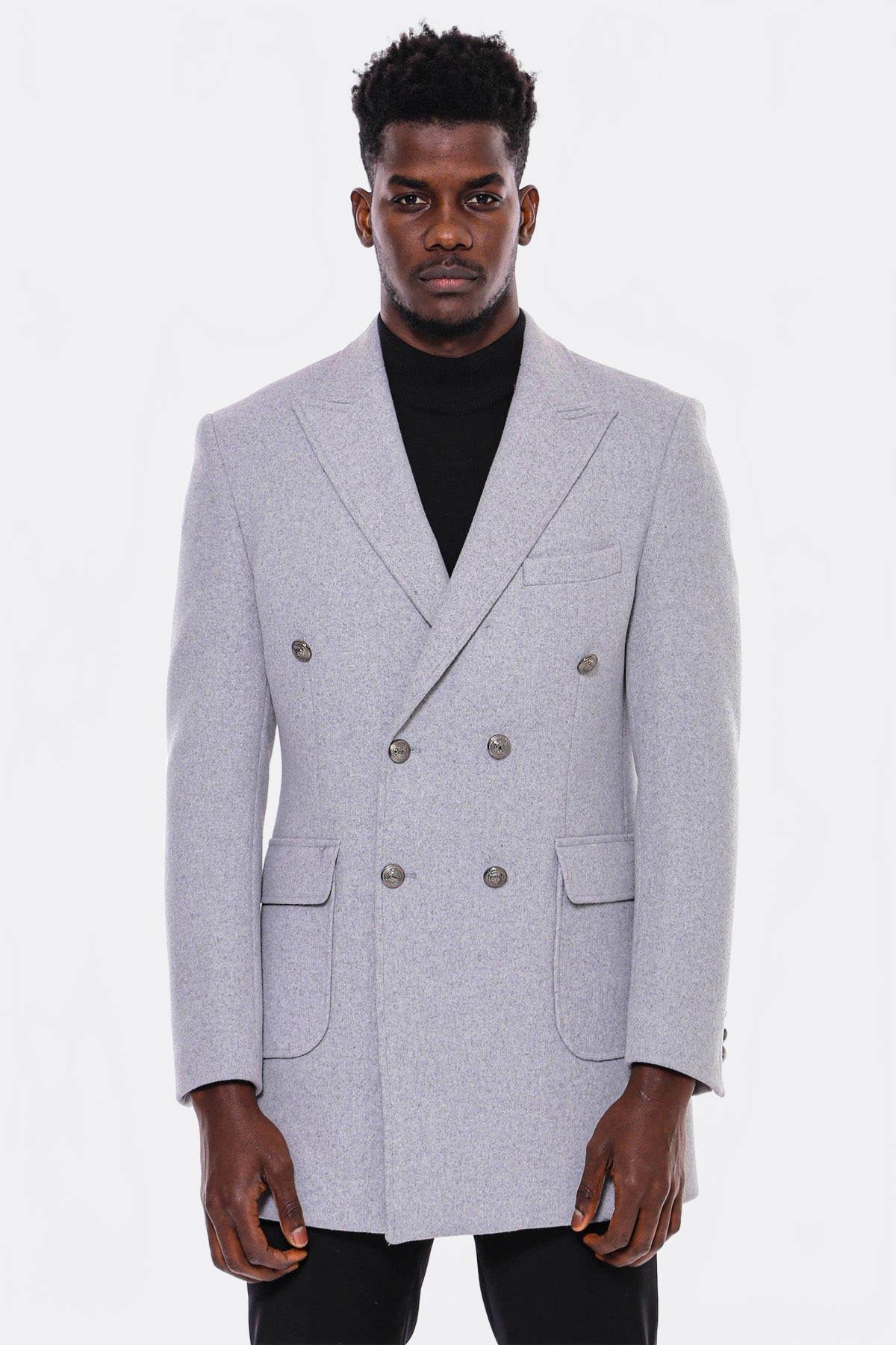 Grey Metal Buttoned Double Breasted Long Coat - Wessi