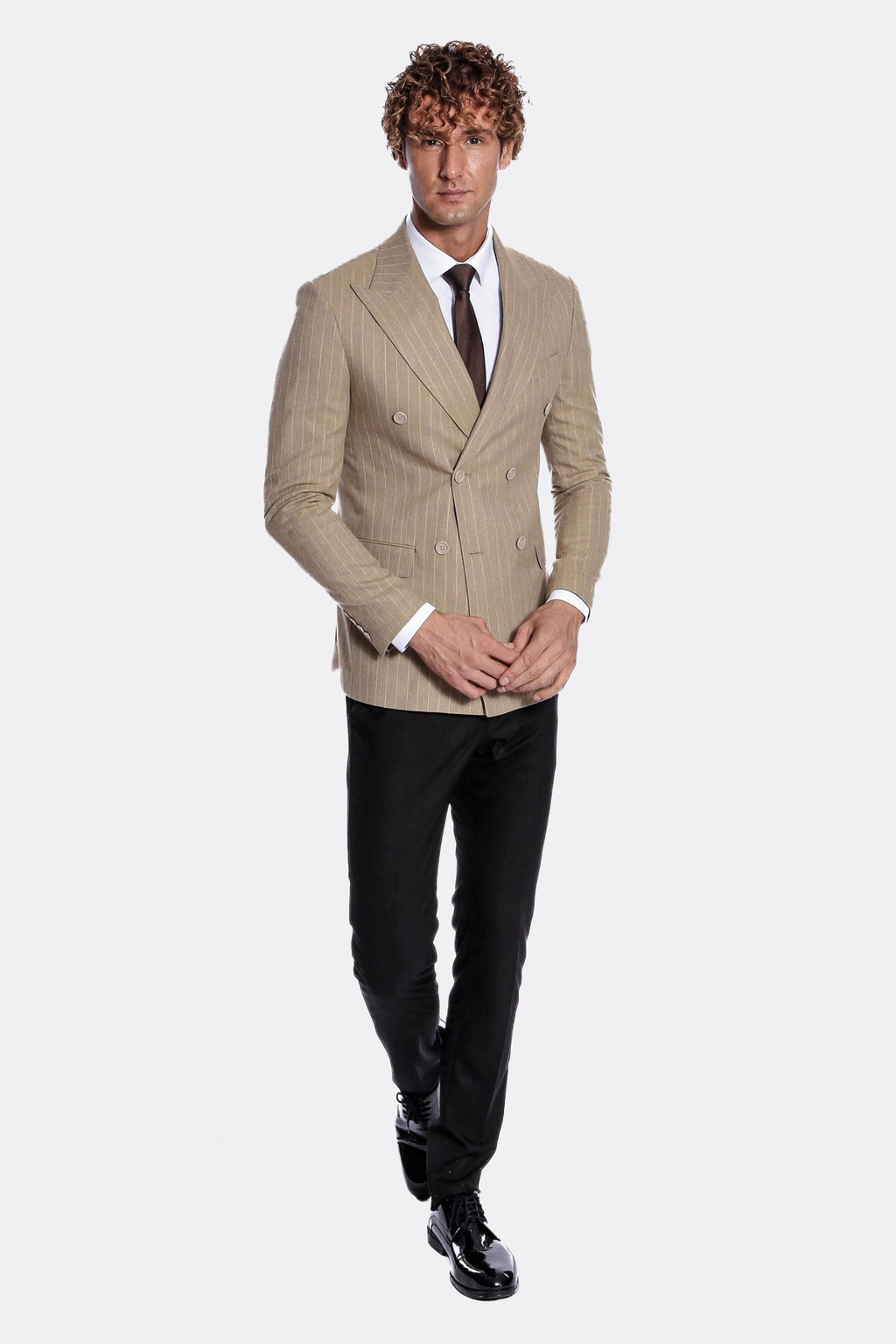 Striped Double Breasted Cream Men Blazer - Wessi
