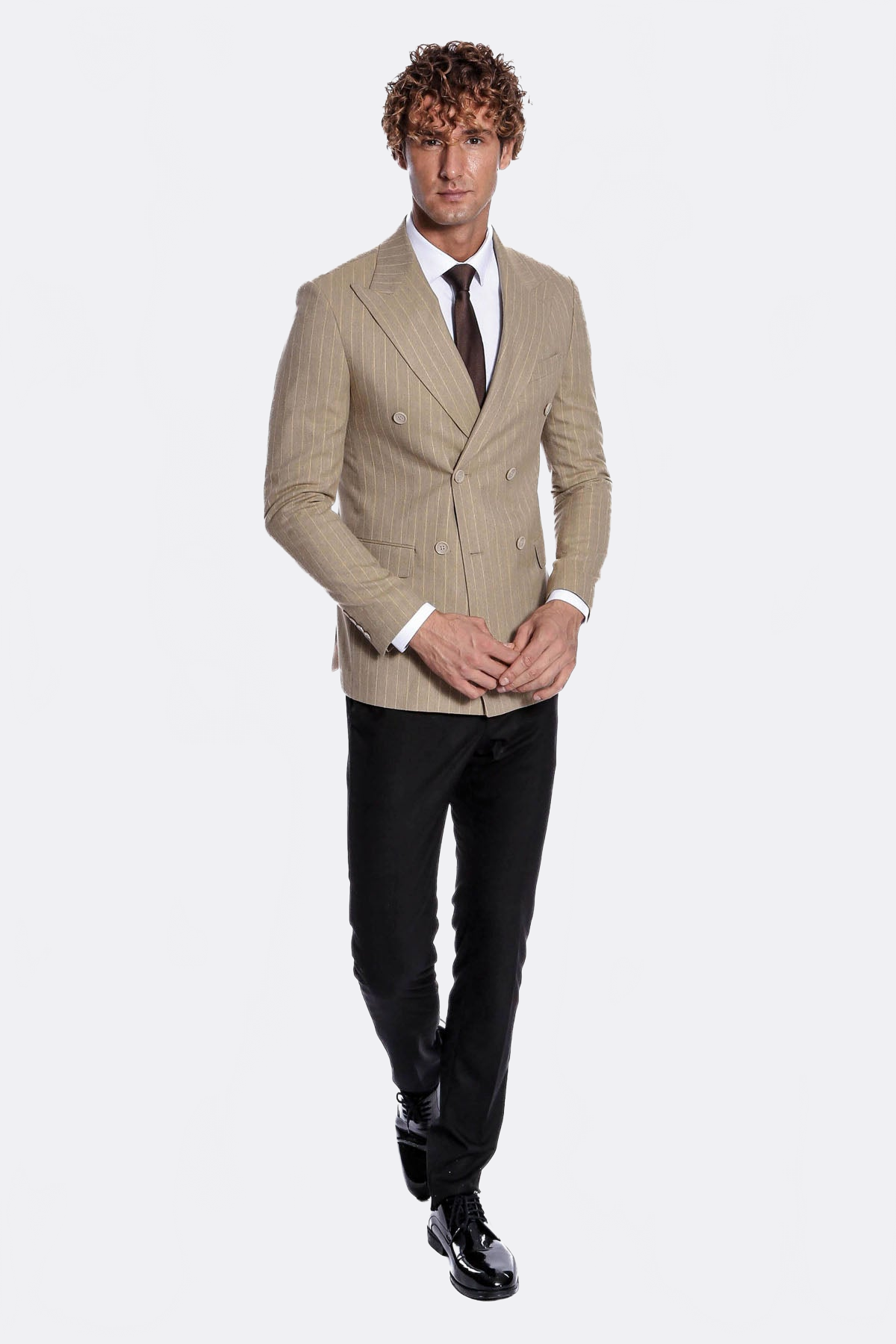 Striped Double Breasted Cream Men Blazer - Wessi