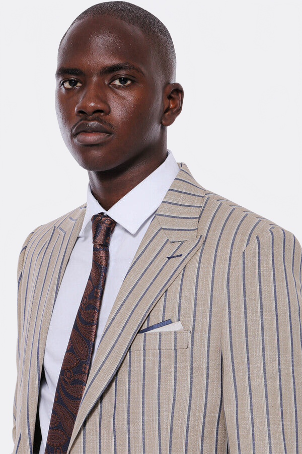 Striped Blazer Plain Pants Beige Men Suit - Wessi