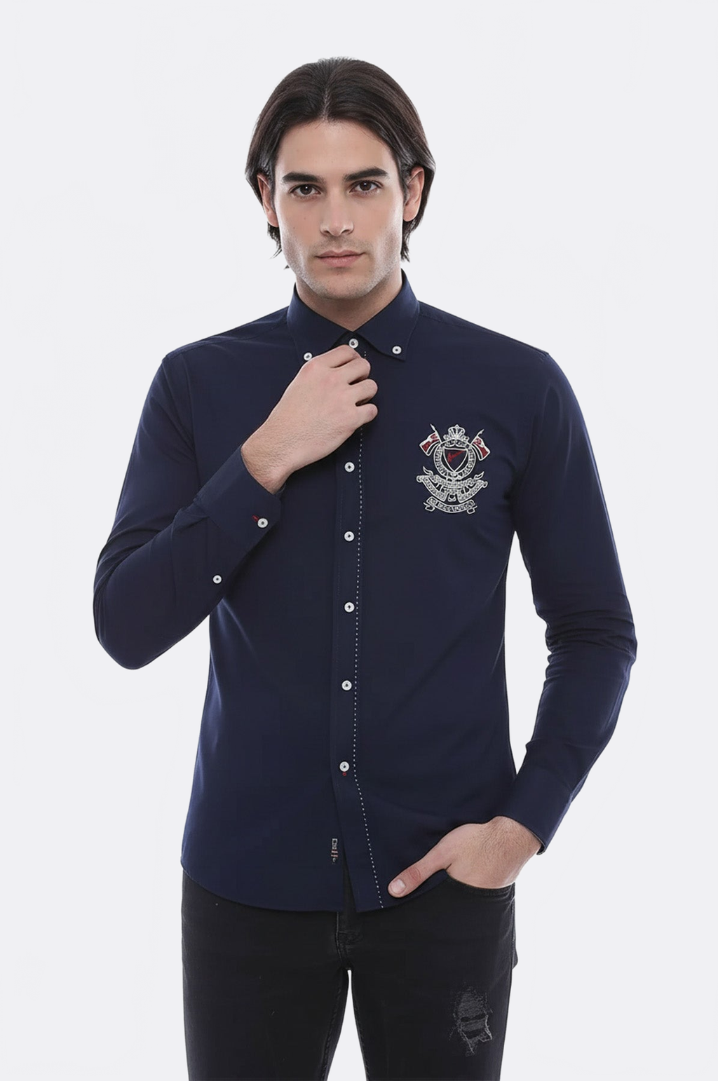 Emblemed Long Sleeve Navy Blue Shirt - Wessi