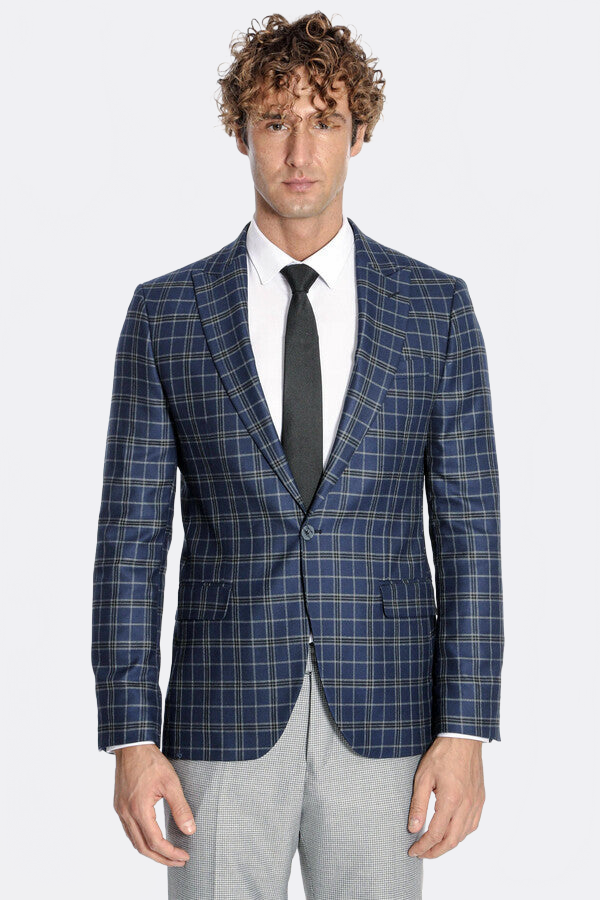 Checked Navy Blue Men Blazer - Wessi