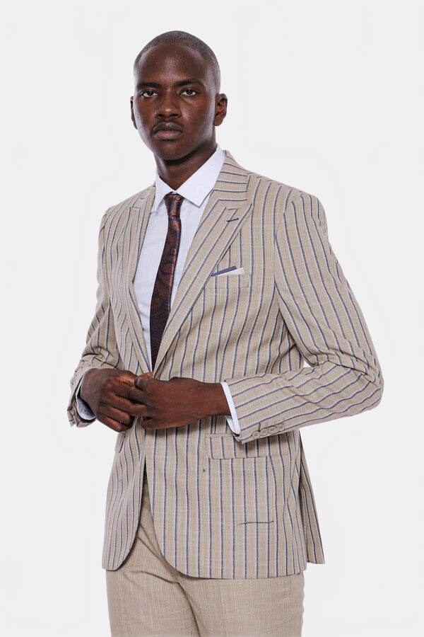 Striped Blazer Plain Pants Beige Men Suit - Wessi
