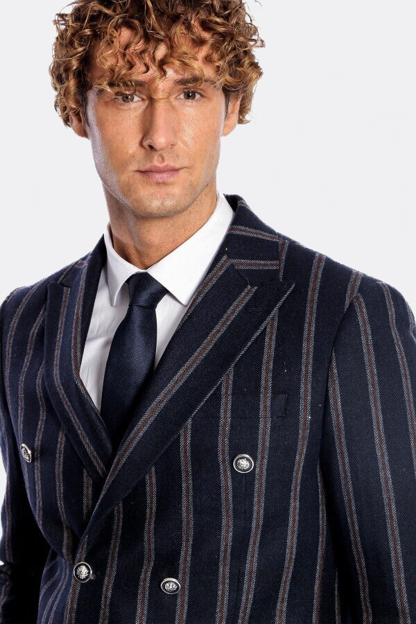 Wide Lapel Striped Double Breasted Navy Blue Men Blazer - Wessi