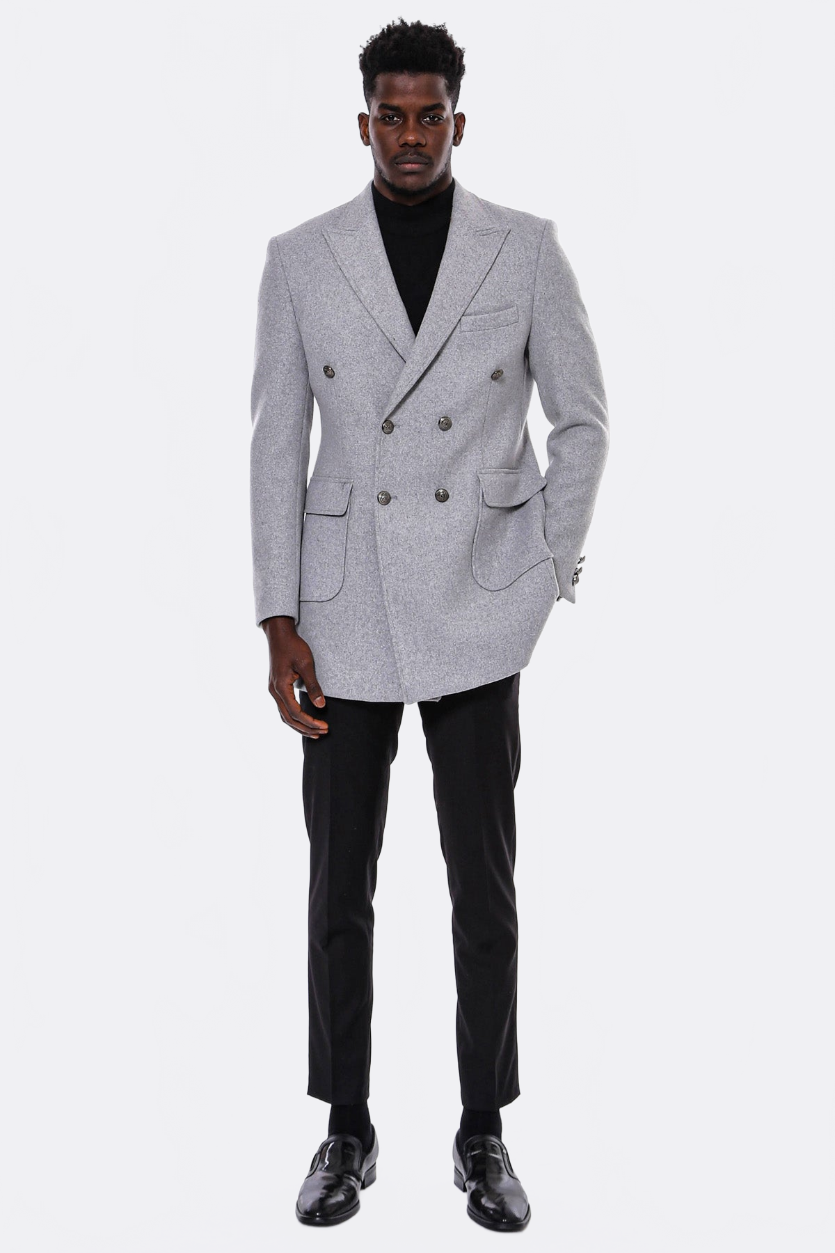 Grey Metal Buttoned Double Breasted Long Coat - Wessi