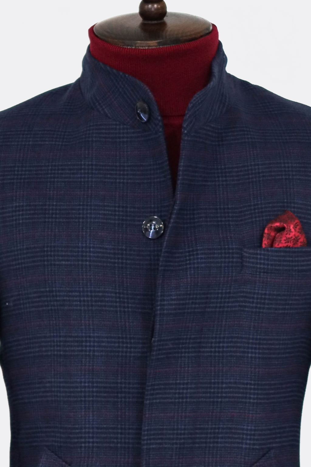 Standing Collar Checked Navy Blue Men Coat - Wessi