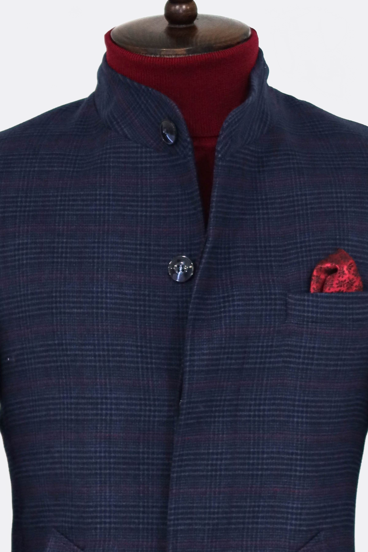 Standing Collar Checked Navy Blue Men Coat - Wessi