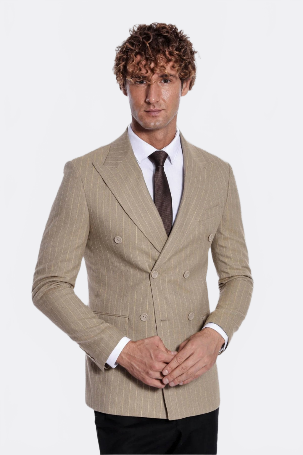 Striped Double Breasted Cream Men Blazer - Wessi