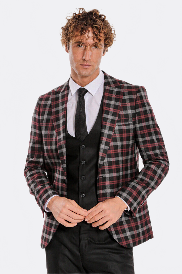 Burgundy Checked Blazer Slim Fit Black Men Suit - Wessi