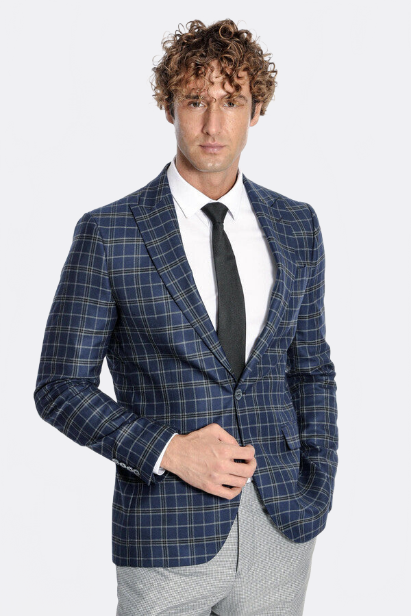 Checked Navy Blue Men Blazer - Wessi