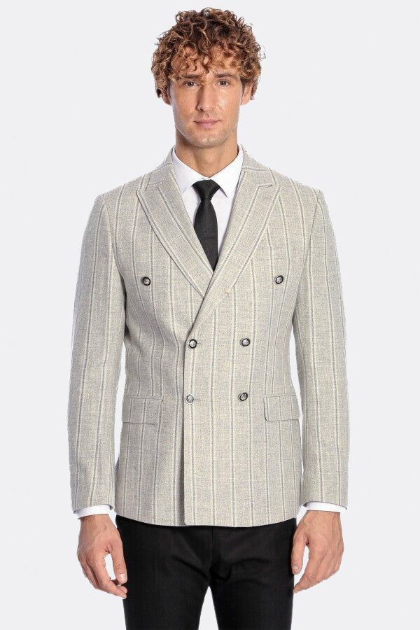 Wide Lapel Striped Double Breasted Grey Men Blazer - Wessi