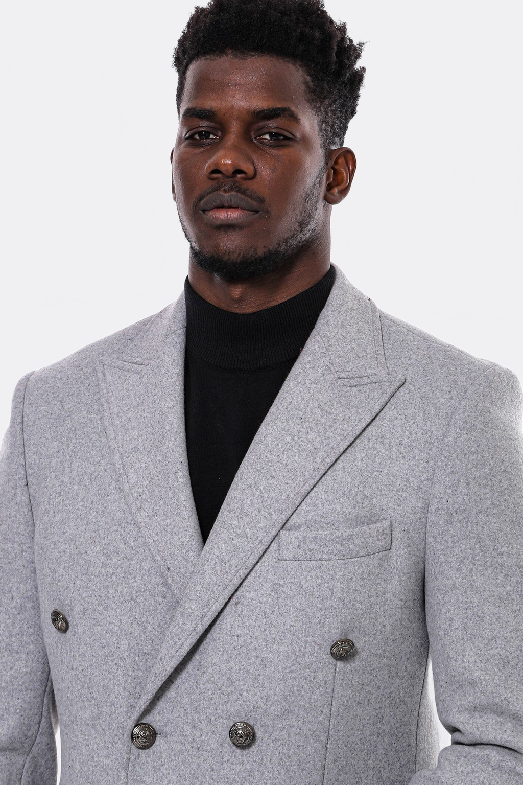 Grey Metal Buttoned Double Breasted Long Coat - Wessi