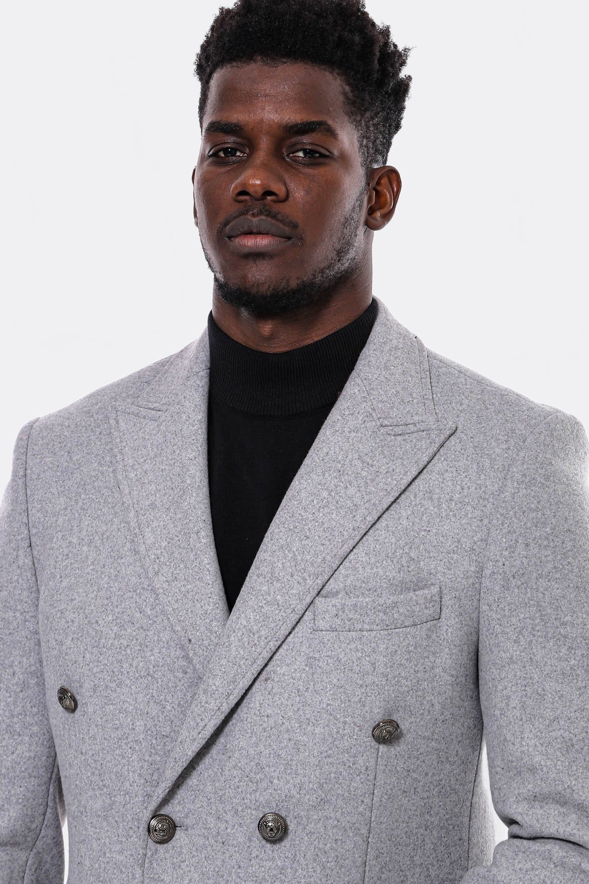Grey Metal Buttoned Double Breasted Long Coat - Wessi